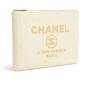Chanel 31 Rue Cambon Canvas Pouch — Beige / Gold Logo